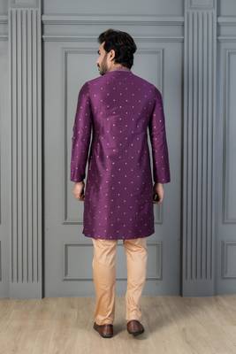 purple silk blend kurta for men with printed work 4