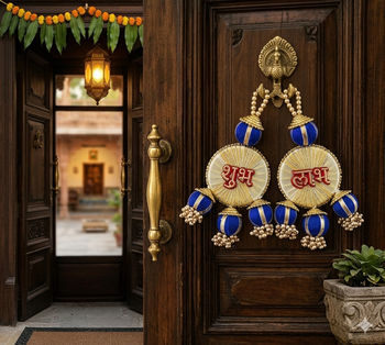 shubh labh decorative woolen ball door hanging handmade hanging home decor (pack of 2) 2
