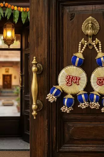 shubh labh decorative woolen ball door hanging handmade hanging home decor (pack of 2)