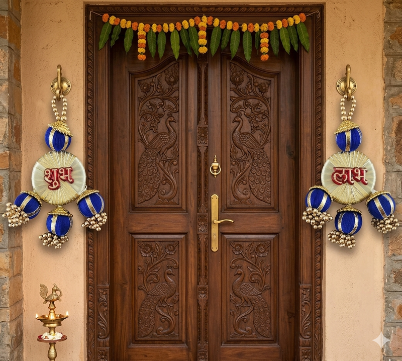 shubh labh decorative woolen ball door hanging handmade hanging home decor (pack of 2)