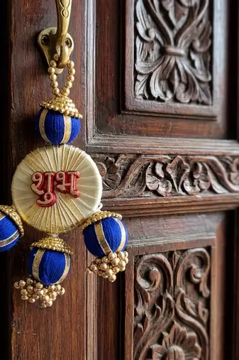 shubh labh decorative woolen ball door hanging handmade hanging home decor (pack of 2)