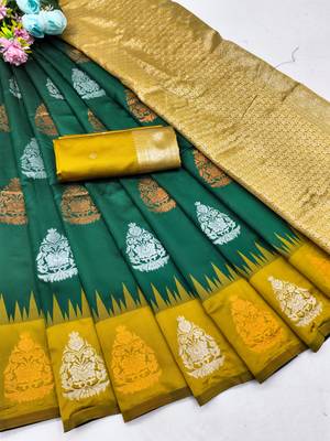 Yellow green art silk blend banarasi jacuard work saree with unstitched blouse piece 7