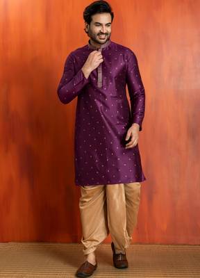 purple silk blend kurta for men with printed work 2