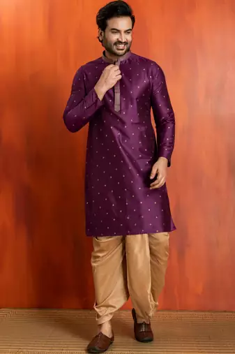 purple silk blend kurta for men with printed work