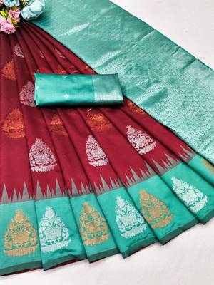 Rama red art silk blend banarasi jacuard work saree with unstitched blouse piece 7