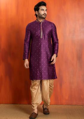 purple silk blend kurta dhoti set for men with printed work 1