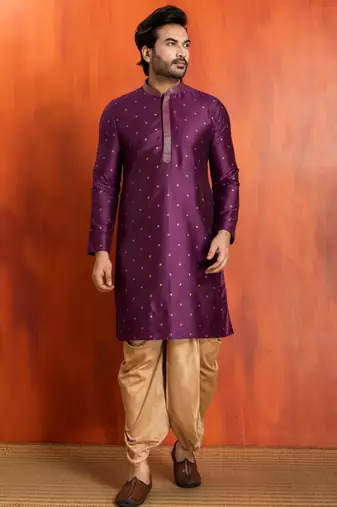 purple silk blend kurta dhoti set for men with printed work