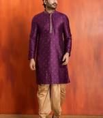 purple silk blend kurta dhoti set for men with printed work