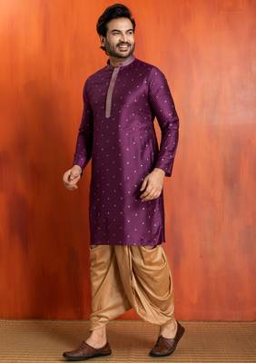 purple silk blend kurta dhoti set for men with printed work 2
