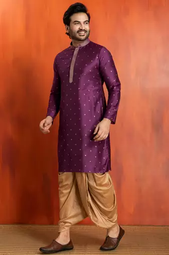 purple silk blend kurta dhoti set for men with printed work