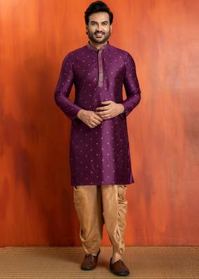 purple silk blend kurta dhoti set for men with printed work 3