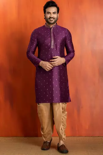 purple silk blend kurta dhoti set for men with printed work