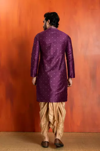 purple silk blend kurta dhoti set for men with printed work