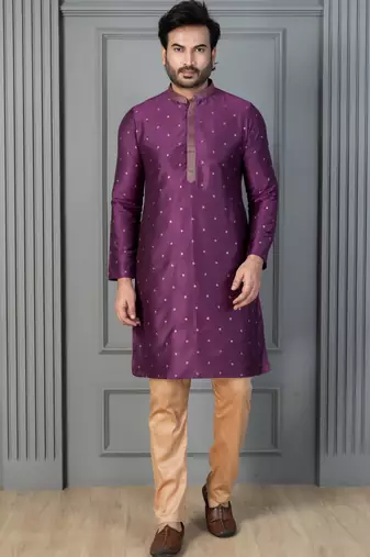 purple silk blend kurta payjajama set for men with printed work