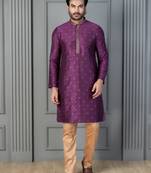 purple silk blend kurta payjajama set for men with printed work