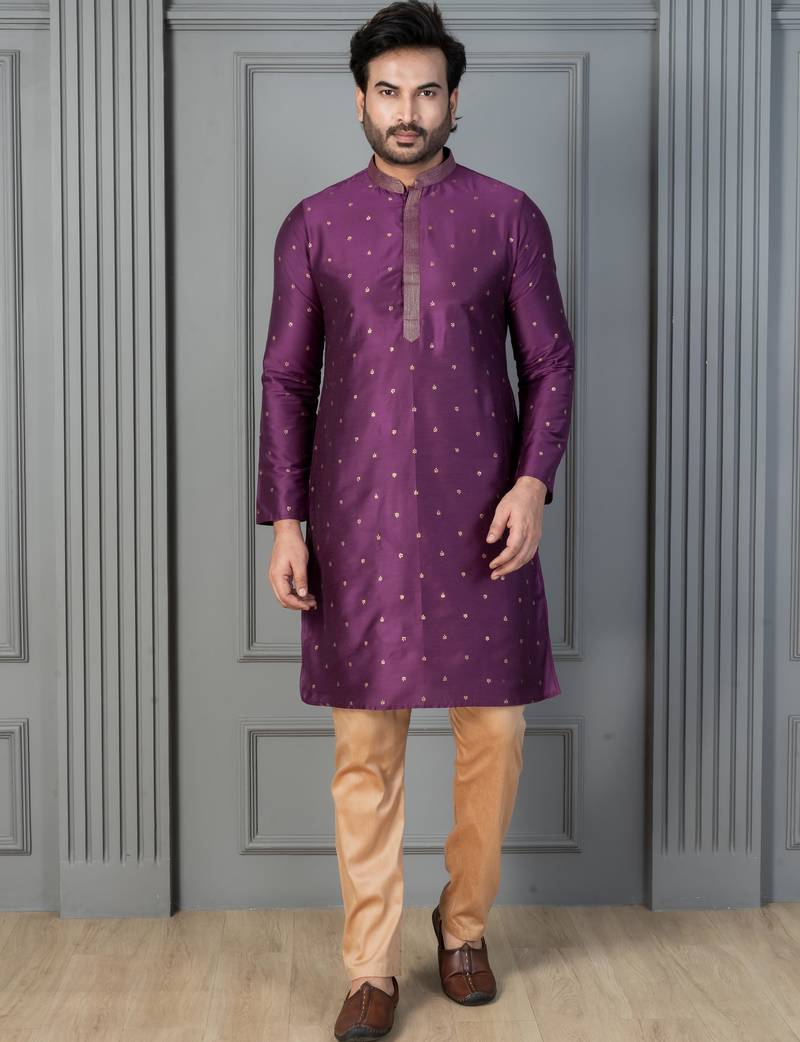 purple silk blend kurta payjajama set for men with printed work