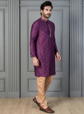 purple silk blend kurta payjajama set for men with printed work 2