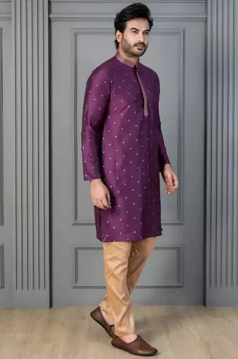 purple silk blend kurta payjajama set for men with printed work