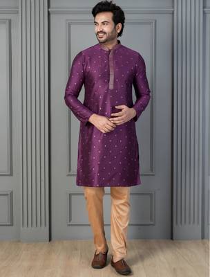 purple silk blend kurta payjajama set for men with printed work 3