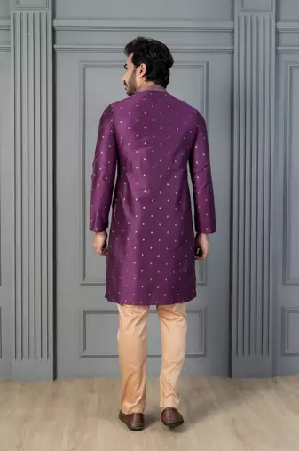purple silk blend kurta payjajama set for men with printed work