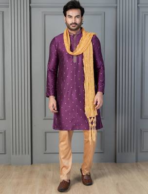 purple silk blend kurta payjama dupatta set for men with printed work 1