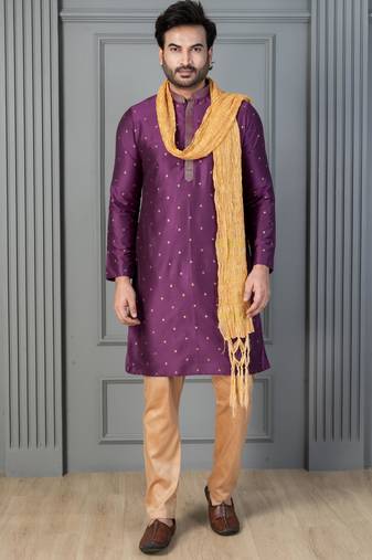 purple silk blend kurta payjama dupatta set for men with printed work