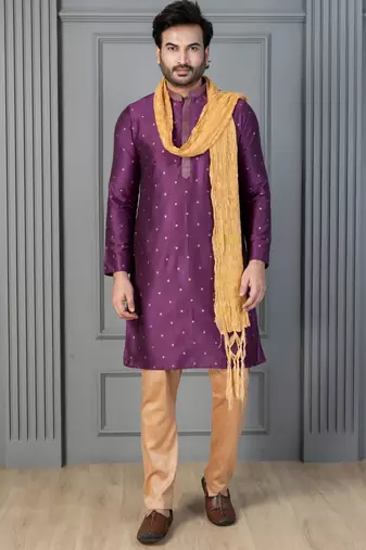 purple silk blend kurta payjama dupatta set for men with printed work