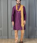purple silk blend kurta payjama dupatta set for men with printed work