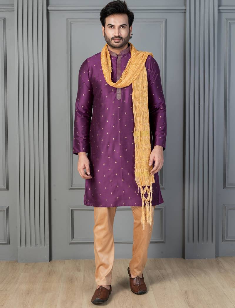purple silk blend kurta payjama dupatta set for men with printed work