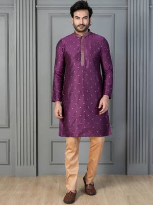 purple silk blend kurta payjama dupatta set for men with printed work 2