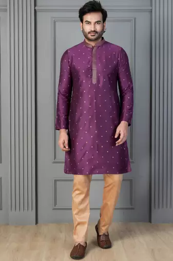 purple silk blend kurta payjama dupatta set for men with printed work