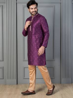 purple silk blend kurta payjama dupatta set for men with printed work 3