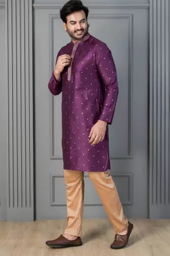 purple silk blend kurta payjama dupatta set for men with printed work
