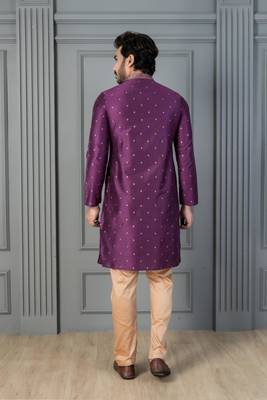 purple silk blend kurta payjama dupatta set for men with printed work 4