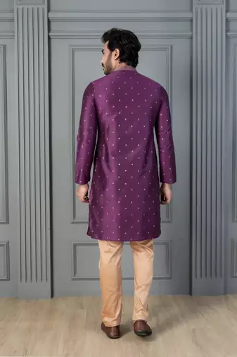 purple silk blend kurta payjama dupatta set for men with printed work