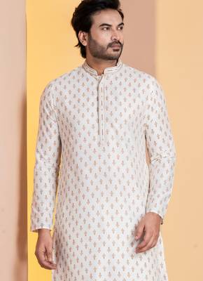 white silk blend kurta for men with printed work 1