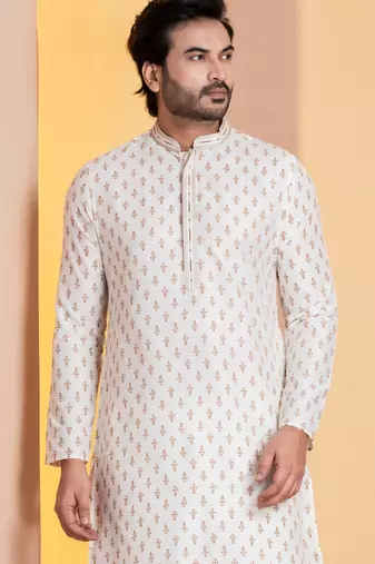 white silk blend kurta for men with printed work