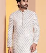 white silk blend kurta for men with printed work