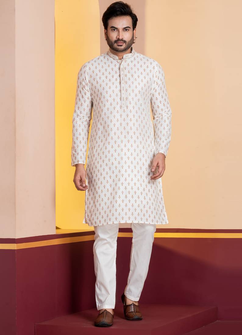 white silk blend kurta for men with printed work
