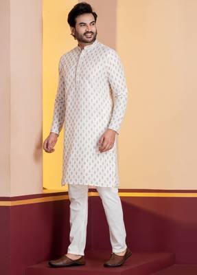 white silk blend kurta for men with printed work 3
