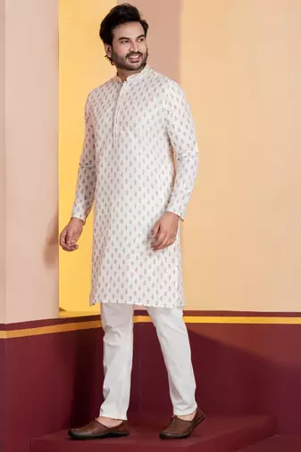 white silk blend kurta for men with printed work
