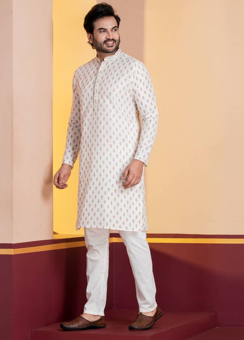 white silk blend kurta for men with printed work