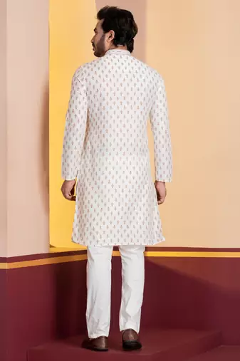 white silk blend kurta for men with printed work