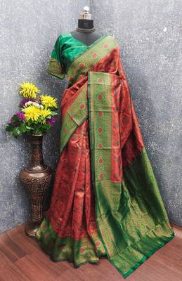 Orange green art silk blend banarasi jacuard work saree with unstitched blouse piece 6