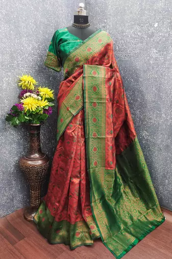 Orange green art silk blend banarasi jacuard work saree with unstitched blouse piece