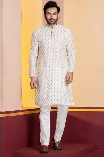 white silk blend kurta pyjama set for men with printed work