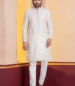 white silk blend kurta pyjama set for men with printed work