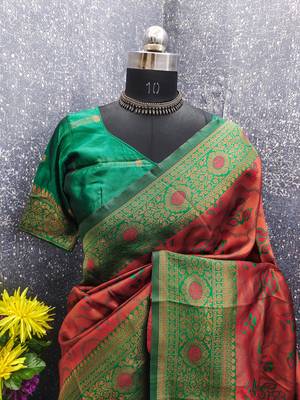 Orange green art silk blend banarasi jacuard work saree with unstitched blouse piece 7