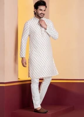 white silk blend kurta pyjama set for men with printed work 2