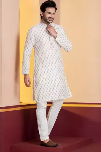 white silk blend kurta pyjama set for men with printed work